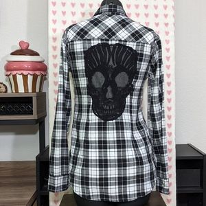 Skull Flannel Black and White Plaid